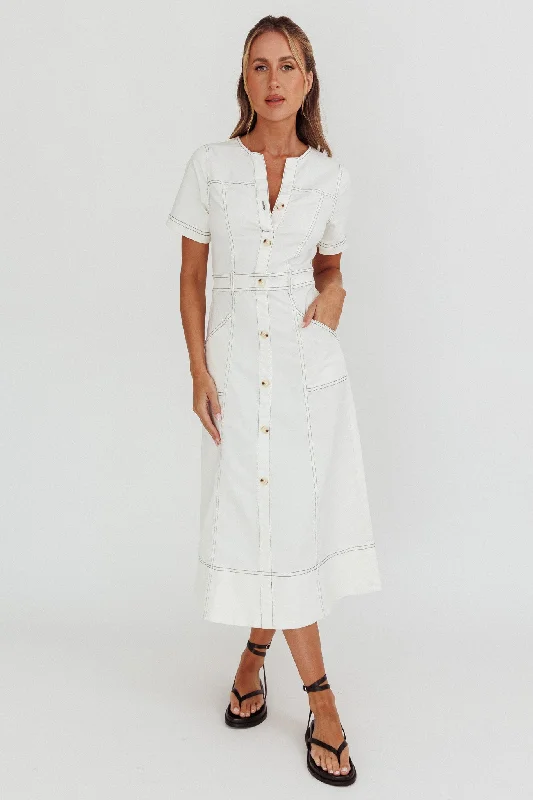 Shift Women Dress with a Simple and Classic Design for Everyday WearAspen Love Front Pocket Midi Dress White Shift Women Dress with a Simple and Classic Design for Everyday WearAspen Love Front Pocket Midi Dress White