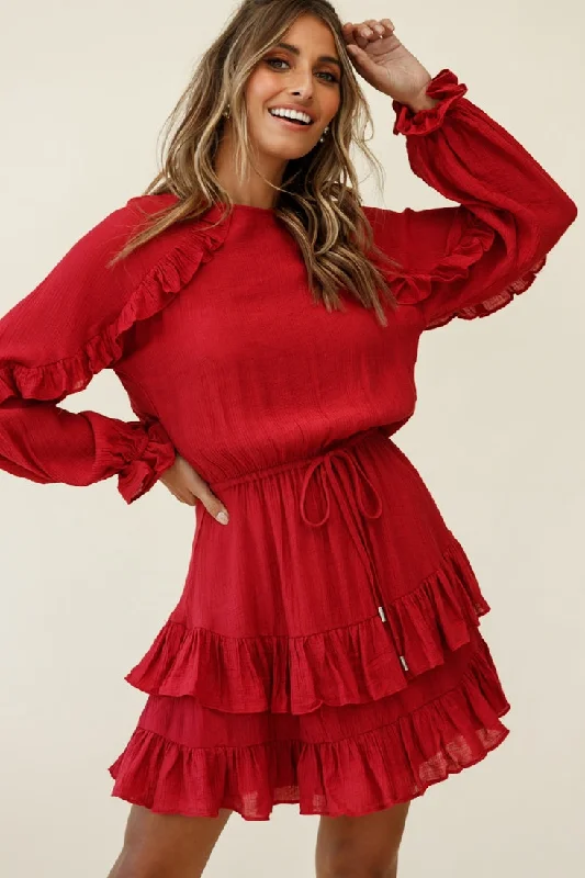 Mermaid - Style Women Dress with a Fitted Silhouette for Special OccasionsBest Wishes Long Sleeve Frill Detail Dress Wine Mermaid - Style Women Dress with a Fitted Silhouette for Special OccasionsBest Wishes Long Sleeve Frill Detail Dress Wine