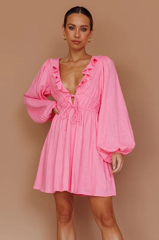 Off - the - Shoulder Women Dress for a Romantic and Feminine LookCarnivale Balloon Sleeve Ruffle Mini Dress Pink Off - the - Shoulder Women Dress for a Romantic and Feminine LookCarnivale Balloon Sleeve Ruffle Mini Dress Pink