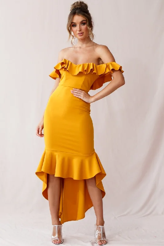 Plus Size Women Dress with a Flattering A - Line Cut for Comfort and StyleCloud 9 Bardot Neckline Corset Back Dress Mustard Plus Size Women Dress with a Flattering A - Line Cut for Comfort and StyleCloud 9 Bardot Neckline Corset Back Dress Mustard