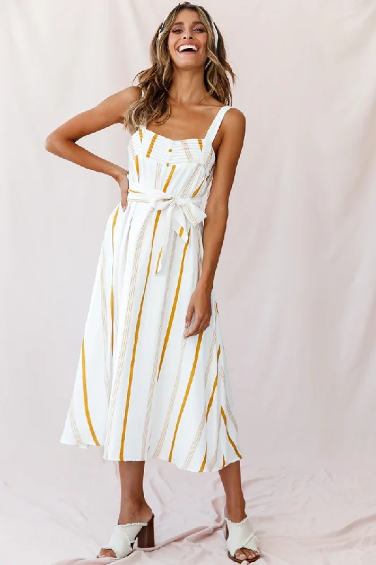 Printed Abstract Women Dress for a Modern and Artistic AppealColmar Wide Strap Midi Dress White Mustard Stripe