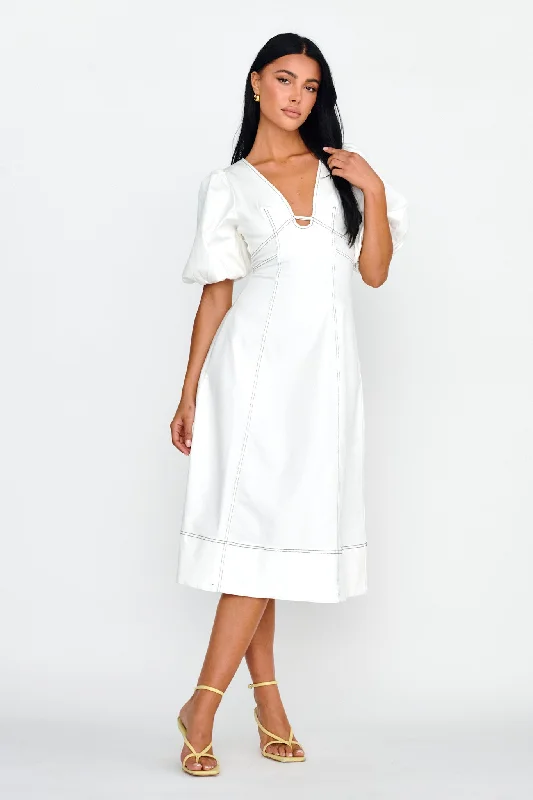 Long - Sleeve Women Dress in Velvet for a Luxurious Winter LookElias Puff Sleeve Midi Dress White Long - Sleeve Women Dress in Velvet for a Luxurious Winter LookElias Puff Sleeve Midi Dress White