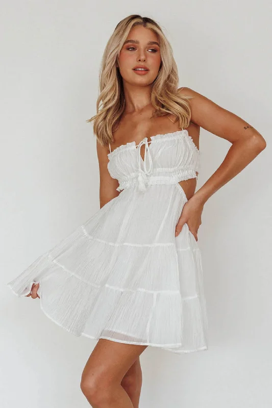 Backless Women Dress for a Sexy and Alluring Look at Evening EventsEyona Cut-Out Waist Tie Mini Dress White Backless Women Dress for a Sexy and Alluring Look at Evening EventsEyona Cut-Out Waist Tie Mini Dress White