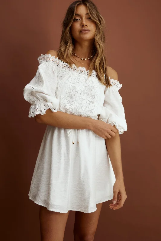 Mermaid - Style Women Dress with a Fitted Silhouette for Special OccasionsHomeward Off-Shoulder Lace Dress White Mermaid - Style Women Dress with a Fitted Silhouette for Special OccasionsHomeward Off-Shoulder Lace Dress White