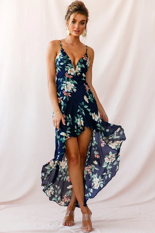 Ball Gown Women Dress with a Full Skirt for a Princess - like LookImelda V-Neckline High-Low Hem Dress Navy Ball Gown Women Dress with a Full Skirt for a Princess - like LookImelda V-Neckline High-Low Hem Dress Navy