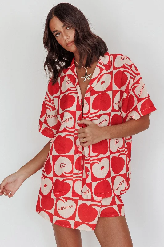 Halter Neck Women Dress to Show Off the Shoulders and NecklineIthaca Cherry Print Short Sleeve Shirt Red Beige Halter Neck Women Dress to Show Off the Shoulders and NecklineIthaca Cherry Print Short Sleeve Shirt Red Beige