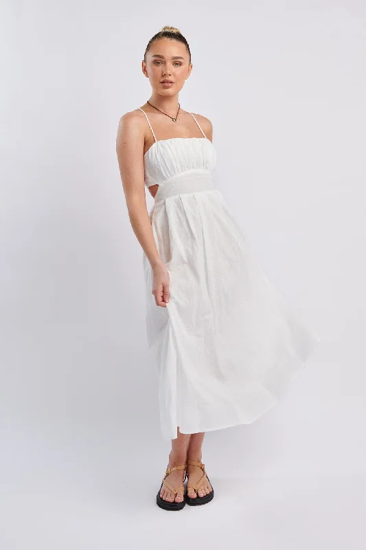 Sleeveless Women Dress in Bright Colors for Summer PartiesJune Sun Tied Back Midi Dress White Sleeveless Women Dress in Bright Colors for Summer PartiesJune Sun Tied Back Midi Dress White