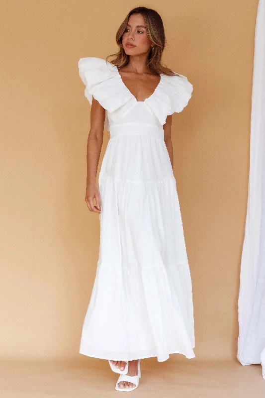 Shift Women Dress with a Simple and Classic Design for Everyday WearKahlo Puffed Ruffle Neckline Maxi Dress White Shift Women Dress with a Simple and Classic Design for Everyday WearKahlo Puffed Ruffle Neckline Maxi Dress White