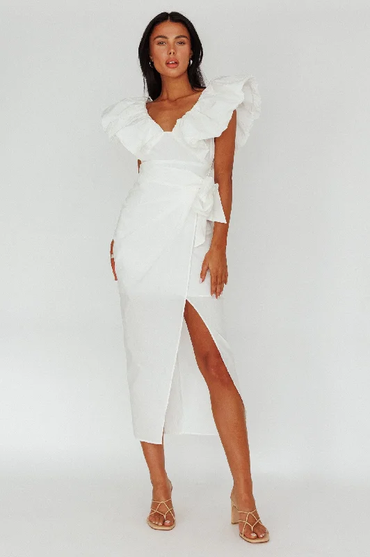Lace - Embellished Women Dress for an Elegant and Sophisticated AppearanceKahlo Ruffle Neckline Wrap Midi Dress White Lace - Embellished Women Dress for an Elegant and Sophisticated AppearanceKahlo Ruffle Neckline Wrap Midi Dress White