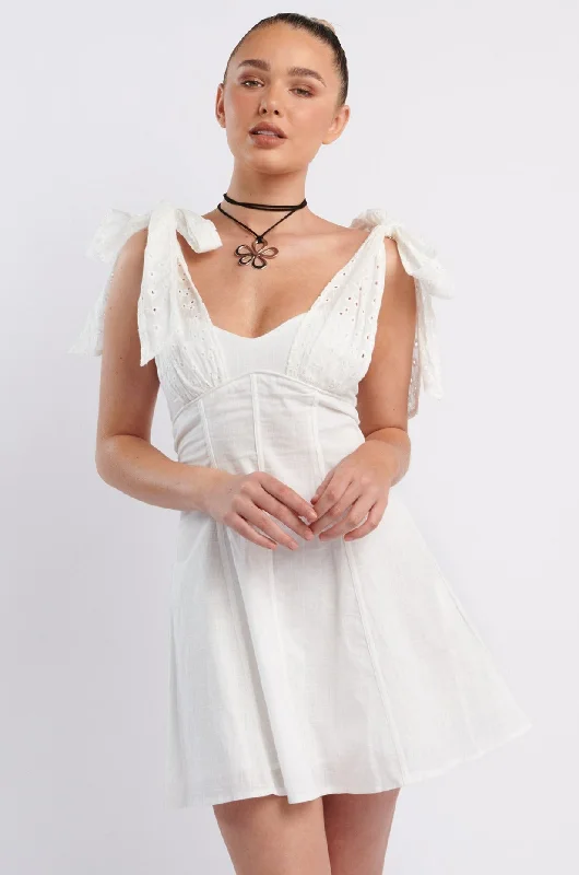 Ruffled Women Dress with Multiple Layers for a Playful and Girly StyleKellie Bow Shoulder Mini Dress White Ruffled Women Dress with Multiple Layers for a Playful and Girly StyleKellie Bow Shoulder Mini Dress White