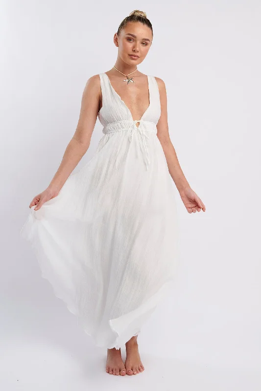 Mini Women Dress with a Short Hem for a Young and Trendy StyleKylin V-Neck Tied Bust Maxi Dress White Mini Women Dress with a Short Hem for a Young and Trendy StyleKylin V-Neck Tied Bust Maxi Dress White