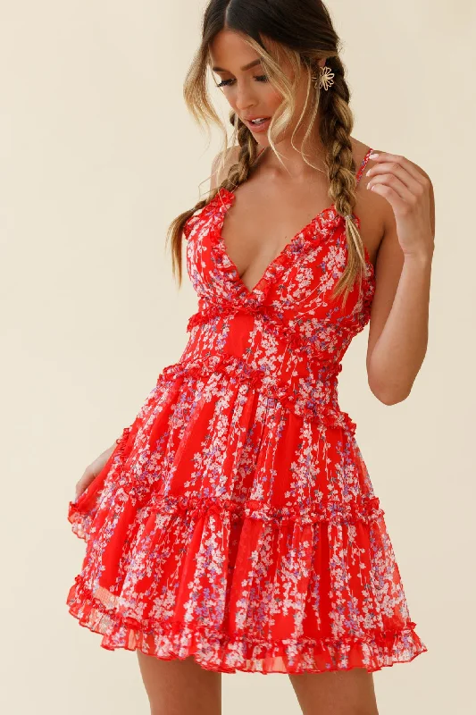 Sleeveless Women Dress in Bright Colors for Summer PartiesLaney Low Back Cami Strap Dress Floral Vine Print Red Sleeveless Women Dress in Bright Colors for Summer PartiesLaney Low Back Cami Strap Dress Floral Vine Print Red