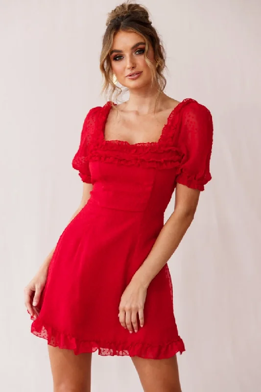 Mini Women Dress with a Short Hem for a Young and Trendy StyleLara Puff Sleeve Frill Dress Red Mini Women Dress with a Short Hem for a Young and Trendy StyleLara Puff Sleeve Frill Dress Red