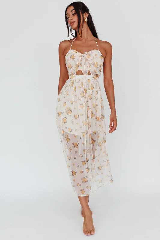 Pleated Women Dress with a Timeless and Elegant TextureLos Feliz Tied Bust Halterneck Midi Dress Sheer Floral Yellow Pleated Women Dress with a Timeless and Elegant TextureLos Feliz Tied Bust Halterneck Midi Dress Sheer Floral Yellow