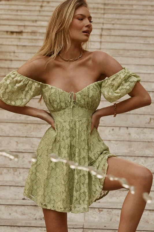 Wrap - Style Women Dress with Adjustable Fit for All Body TypesLovers Gonna Love Puff Sleeve Lace Overlay Dress Sage Wrap - Style Women Dress with Adjustable Fit for All Body TypesLovers Gonna Love Puff Sleeve Lace Overlay Dress Sage