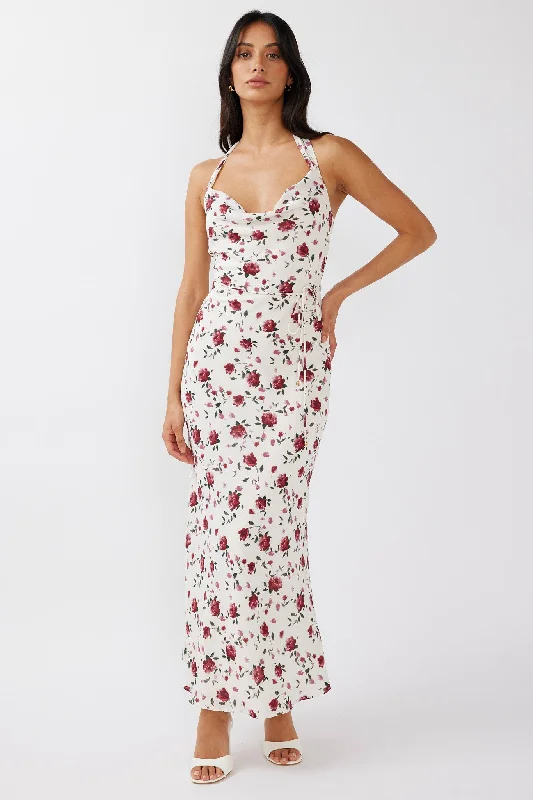Plus Size Women Dress with a Flattering A - Line Cut for Comfort and StyleLove's Kiss Cowl Halterneck Maxi Dress Rose Plus Size Women Dress with a Flattering A - Line Cut for Comfort and StyleLove's Kiss Cowl Halterneck Maxi Dress Rose