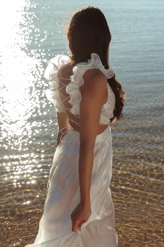 Ruffled Women Dress with Multiple Layers for a Playful and Girly StyleMadara Lace-Up Back Maxi Dress White Ruffled Women Dress with Multiple Layers for a Playful and Girly StyleMadara Lace-Up Back Maxi Dress White
