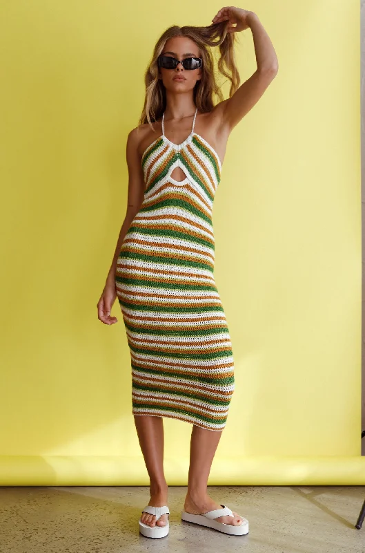Long - Sleeve Women Dress in Velvet for a Luxurious Winter LookMalibu Nights Halterneck Knit Midi Dress Striped Olive