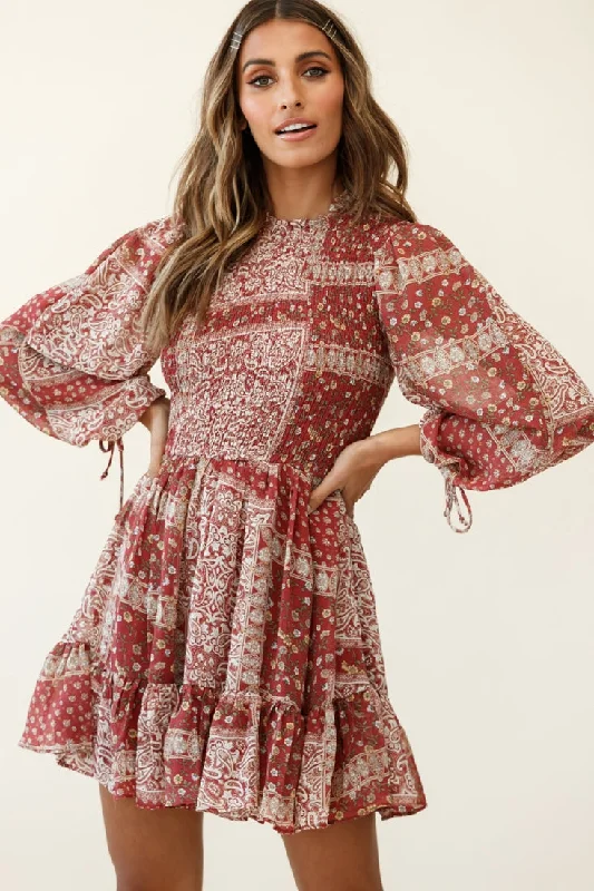 Wrap - Style Women Dress with Adjustable Fit for All Body TypesMarja Long Balloon Sleeve Shirred Dress Paisley Print Burgundy Wrap - Style Women Dress with Adjustable Fit for All Body TypesMarja Long Balloon Sleeve Shirred Dress Paisley Print Burgundy