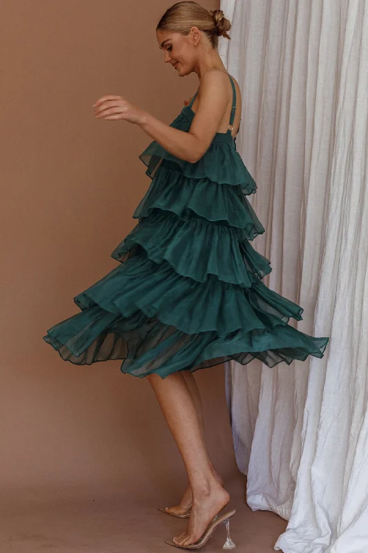 Ruffled Women Dress with Multiple Layers for a Playful and Girly StyleMerry Layered Frill Midi Dress Turtle Green Ruffled Women Dress with Multiple Layers for a Playful and Girly StyleMerry Layered Frill Midi Dress Turtle Green
