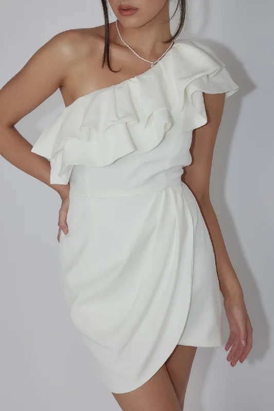Printed Abstract Women Dress for a Modern and Artistic AppealMidnight Star One-Shoulder Ruffle Mini Dress Off White Printed Abstract Women Dress for a Modern and Artistic AppealMidnight Star One-Shoulder Ruffle Mini Dress Off White