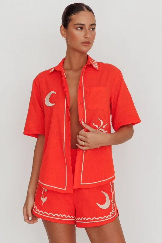Off - the - Shoulder Women Dress for a Romantic and Feminine LookOn Vacay Embroidered Button-Up Shirt Orange Off - the - Shoulder Women Dress for a Romantic and Feminine LookOn Vacay Embroidered Button-Up Shirt Orange