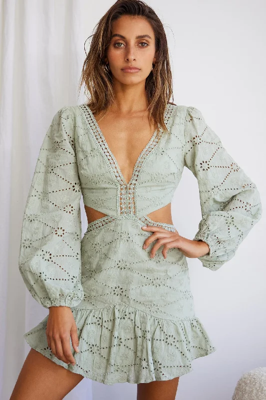 Ruffled Women Dress with Multiple Layers for a Playful and Girly StyleSantorini Sunset Balloon Sleeve Cut-Out Eyelet Dress Sage Ruffled Women Dress with Multiple Layers for a Playful and Girly StyleSantorini Sunset Balloon Sleeve Cut-Out Eyelet Dress Sage