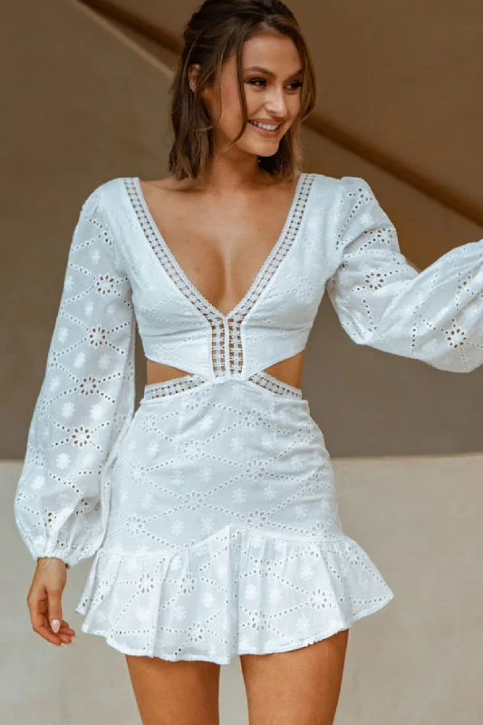 Lace - Embellished Women Dress for an Elegant and Sophisticated AppearanceSantorini Sunset Balloon Sleeve Cut-Out Eyelet Dress White Lace - Embellished Women Dress for an Elegant and Sophisticated AppearanceSantorini Sunset Balloon Sleeve Cut-Out Eyelet Dress White