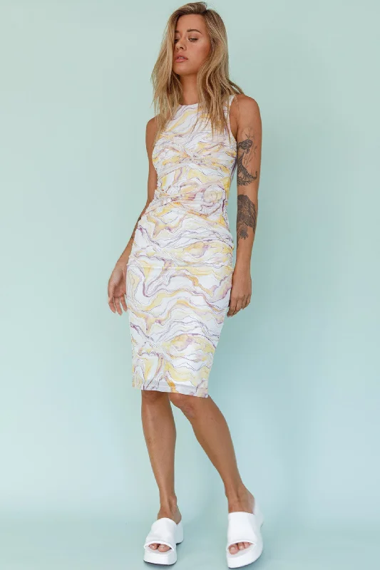 Mermaid - Style Women Dress with a Fitted Silhouette for Special OccasionsSarafina Twist Accent Mesh Midi Dress Marble Yellow Mermaid - Style Women Dress with a Fitted Silhouette for Special OccasionsSarafina Twist Accent Mesh Midi Dress Marble Yellow