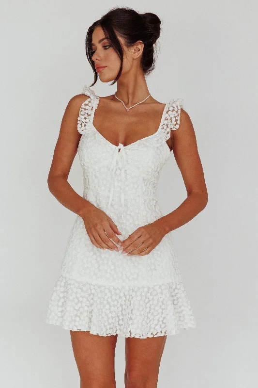 Wrap - Style Women Dress with Adjustable Fit for All Body TypesShenay Ruffle Strap Embroidered Mini Dress White Wrap - Style Women Dress with Adjustable Fit for All Body TypesShenay Ruffle Strap Embroidered Mini Dress White