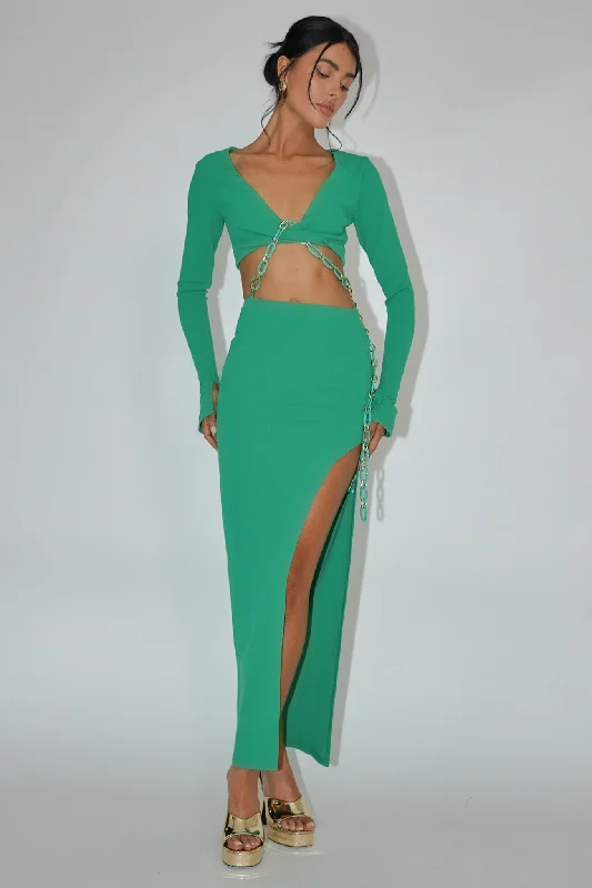 Maxi Women Dress with Floral Print for a Bohemian VibeSigournie Long Sleeve Chain Midi Dress Green Maxi Women Dress with Floral Print for a Bohemian VibeSigournie Long Sleeve Chain Midi Dress Green