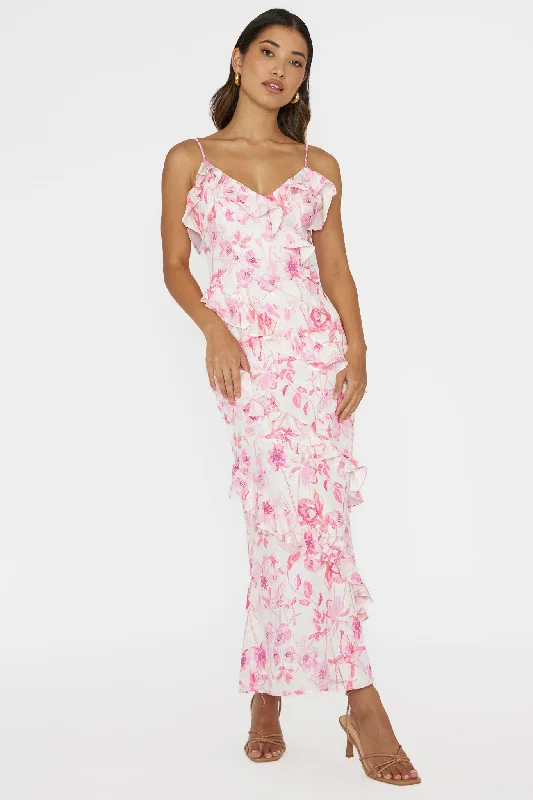 Long - Sleeve Women Dress in Velvet for a Luxurious Winter LookSilvana Frill Trim Midi Dress Floral Pink Long - Sleeve Women Dress in Velvet for a Luxurious Winter LookSilvana Frill Trim Midi Dress Floral Pink