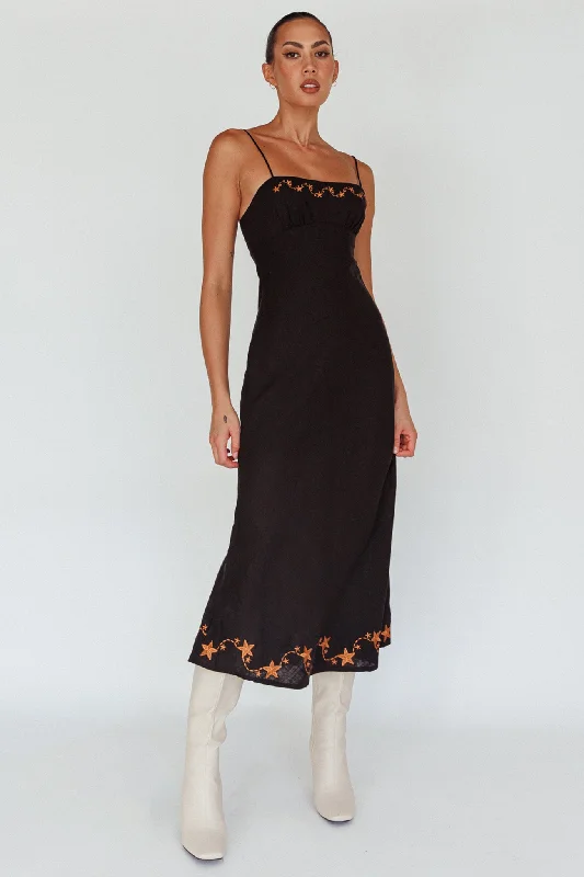 Printed Abstract Women Dress for a Modern and Artistic AppealStar Garden Embroidered Midi Dress Black Printed Abstract Women Dress for a Modern and Artistic AppealStar Garden Embroidered Midi Dress Black