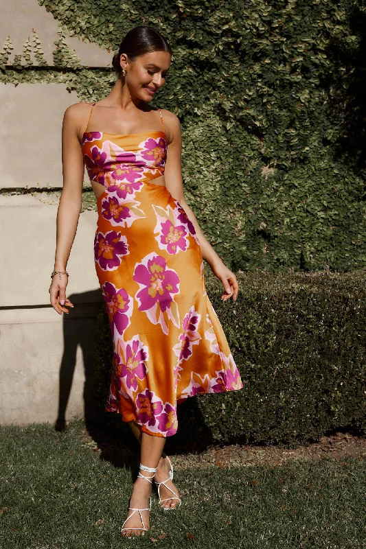 Empire Waist Women Dress to Accentuate the Bust and Conceal the WaistSunday Bliss Tie-Up Back Cowl Neck Midi Dress Flower Orange Empire Waist Women Dress to Accentuate the Bust and Conceal the WaistSunday Bliss Tie-Up Back Cowl Neck Midi Dress Flower Orange