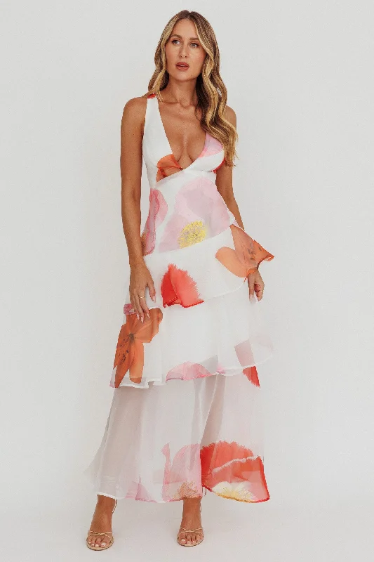 Strapless Women Dress with a Built - in Bra for Comfort and SupportVeda Strappy Back Ruffle Maxi Dress Flowers Pink