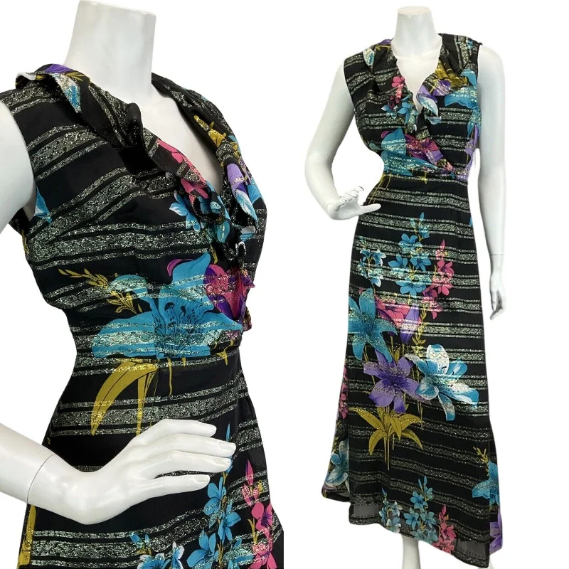 Maxi Women Dress with Floral Print for a Bohemian Vibe Maxi Women Dress with Floral Print for a Bohemian Vibe VINTAGE 60s 70s BLACK PINK BLUE  FLORAL BOHO DISCO PARTY  MAXI DRESS 8