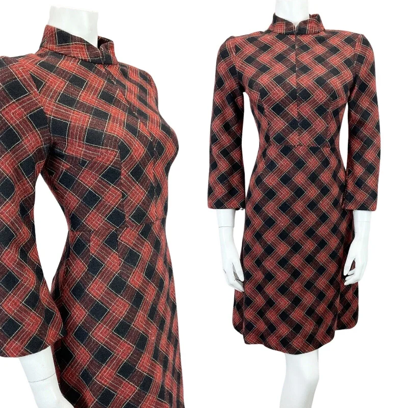 Wrap - Style Women Dress with Adjustable Fit for All Body Types Wrap - Style Women Dress with Adjustable Fit for All Body Types VINTAGE 60s 70s BLACK RED CHECKED TARTAN MOD PARTY MINI DRESS 8