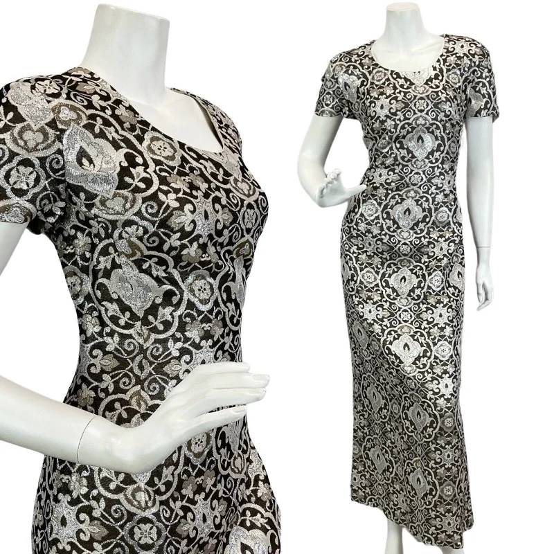 Empire Waist Women Dress to Accentuate the Bust and Conceal the Waist Empire Waist Women Dress to Accentuate the Bust and Conceal the Waist VTG 60s 70s SILVER METALLIC FLORAL PRINT DISCO PARTY EVENING MAXI DRESS 14 16