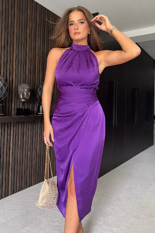 Sleeveless midi dresses with lace details for summer weddingsAlessia Satin Halter Neck Midi Dress Purple Sleeveless midi dresses with lace details for summer weddingsAlessia Satin Halter Neck Midi Dress Purple