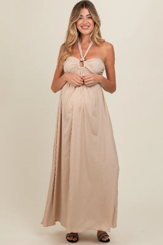 Midi dresses with bow accents for a sweet and charming lookBeige Halter Cutout Maternity Maxi Dress Midi dresses with bow accents for a sweet and charming lookBeige Halter Cutout Maternity Maxi Dress