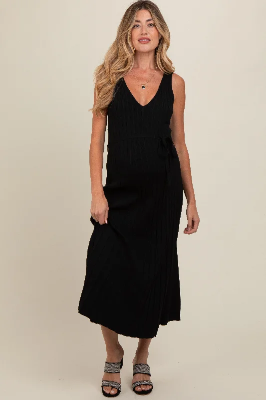 Midi dresses with cotton - blend materials for everyday comfortBlack Pleated V-Neck Waist Tie Sweater Maternity Maxi Dress Midi dresses with cotton - blend materials for everyday comfortBlack Pleated V-Neck Waist Tie Sweater Maternity Maxi Dress