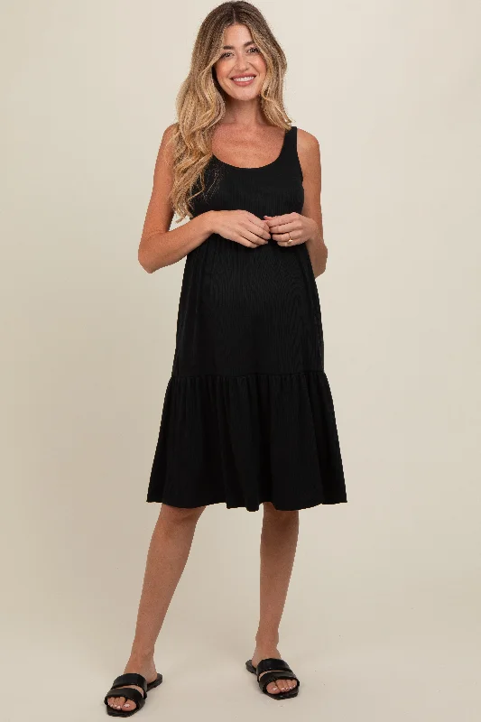 Midi dresses with fringe details for a fun and energetic styleBlack Tiered Sleeveless Maternity Midi Dress Midi dresses with fringe details for a fun and energetic styleBlack Tiered Sleeveless Maternity Midi Dress