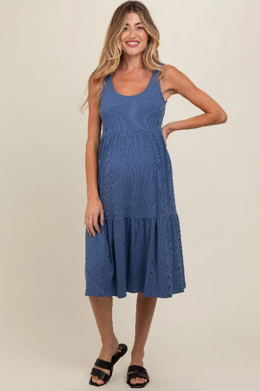 Midi dresses with pom - pom trims for a playful and festive lookBlue Tiered Sleeveless Maternity Midi Dress Midi dresses with pom - pom trims for a playful and festive lookBlue Tiered Sleeveless Maternity Midi Dress
