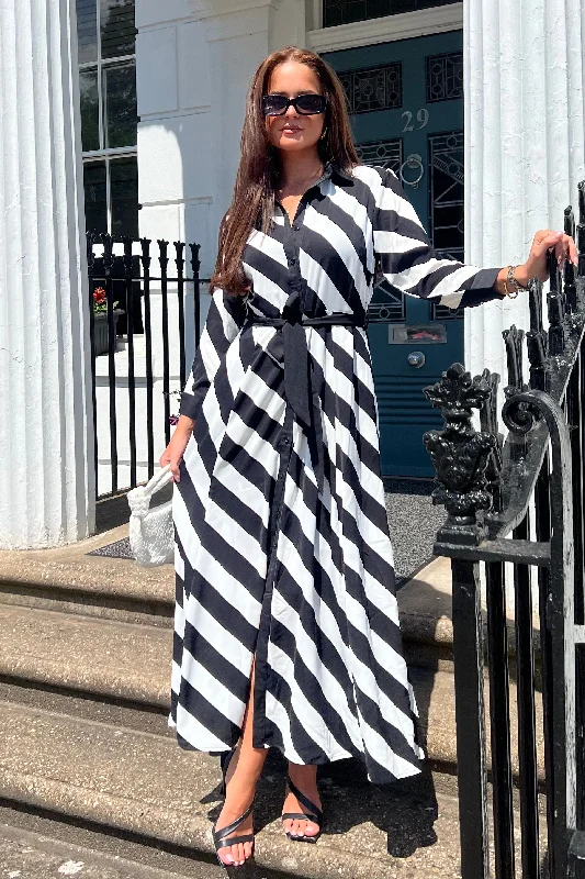 Midi dresses with pleated skirts for a timeless and elegant appealBrielle Black White Stripe Shirt Maxi Dress Midi dresses with pleated skirts for a timeless and elegant appealBrielle Black White Stripe Shirt Maxi Dress