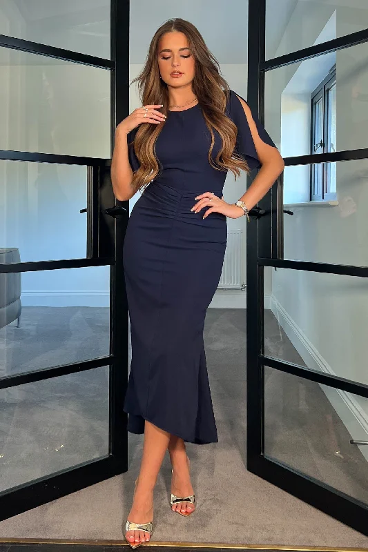 Midi dresses with pom - pom trims for a playful and festive lookCleo Navy Ruched Detail Midi Dress