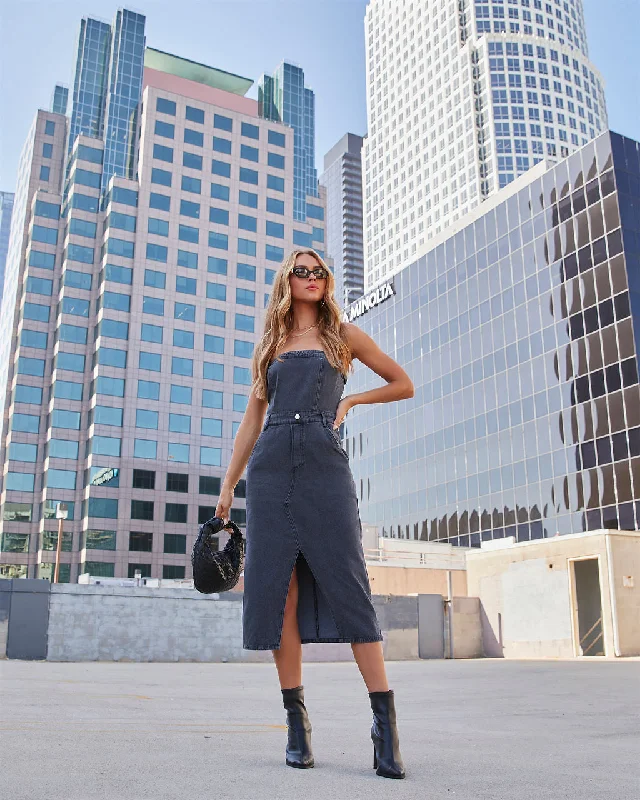 Midi dresses with patchwork patterns for a one - of - a - kind styleEdgy Era Denim Strapless Midi Dress Midi dresses with patchwork patterns for a one - of - a - kind styleEdgy Era Denim Strapless Midi Dress