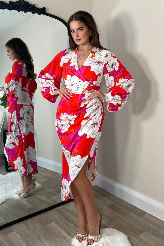 Midi dresses with ruched sleeves for a more fitted and stylish arm lookElsa Red and Pink Floral Wrap Asymmetric Dress Midi dresses with ruched sleeves for a more fitted and stylish arm lookElsa Red and Pink Floral Wrap Asymmetric Dress