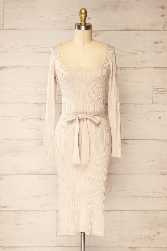 Midi dresses with embroidered accents for a unique and detailed designFlamborough | Ribbed Beige Midi Dress w/ Belt