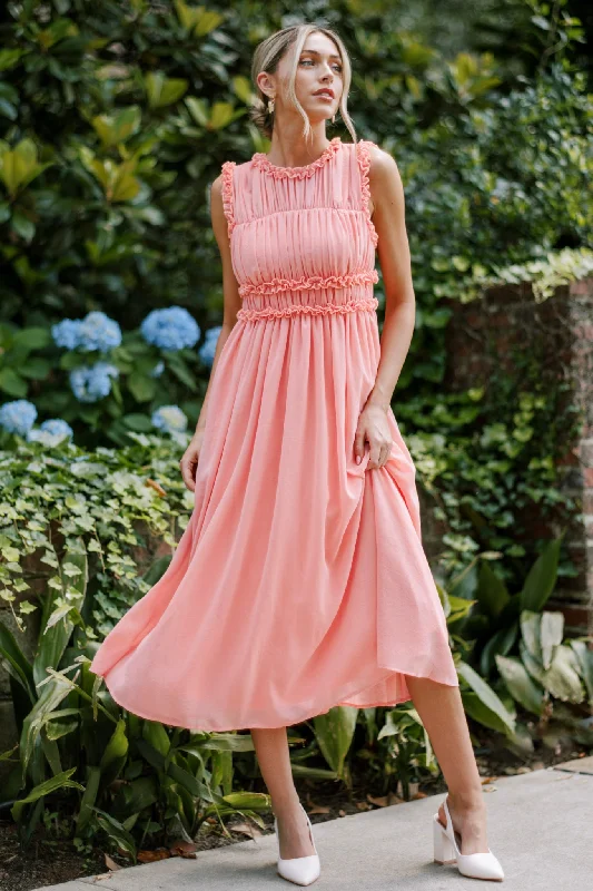 Midi dresses with asymmetric hems for a fashion - forward and dynamic appearanceGraceful Gathering Pink Coral Sleeveless Midi Dress