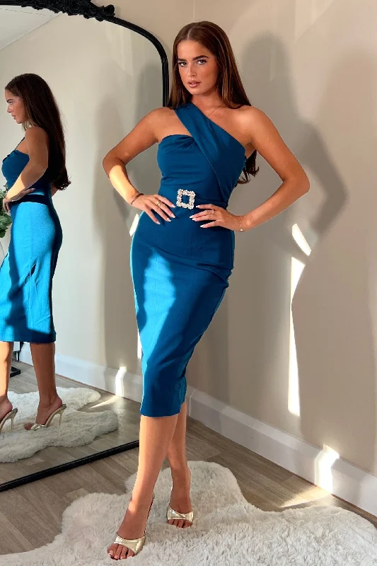Midi dresses with tiered skirts for a bohemian festival lookGracie Cold Shoulder Diamanté Belt Dress Teal Midi dresses with tiered skirts for a bohemian festival lookGracie Cold Shoulder Diamanté Belt Dress Teal